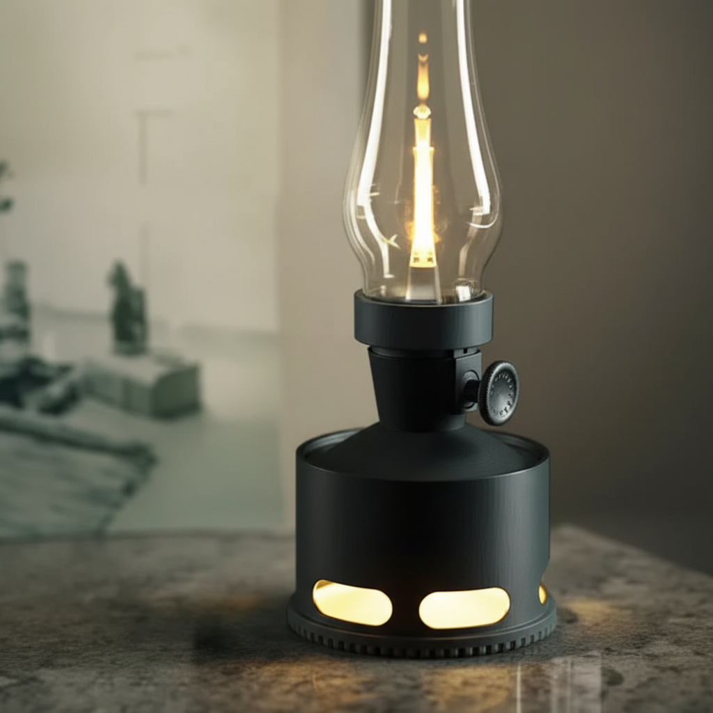Rechargeable LED lantern glowing on a table