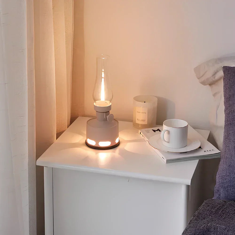 LED lantern on a bedside table