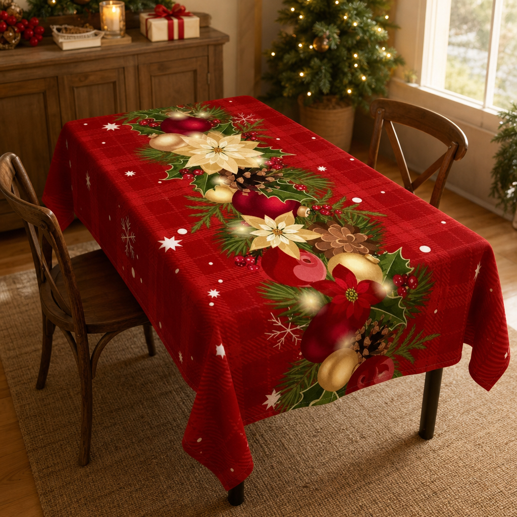 Red Holiday Print Tablecloth, view 1
