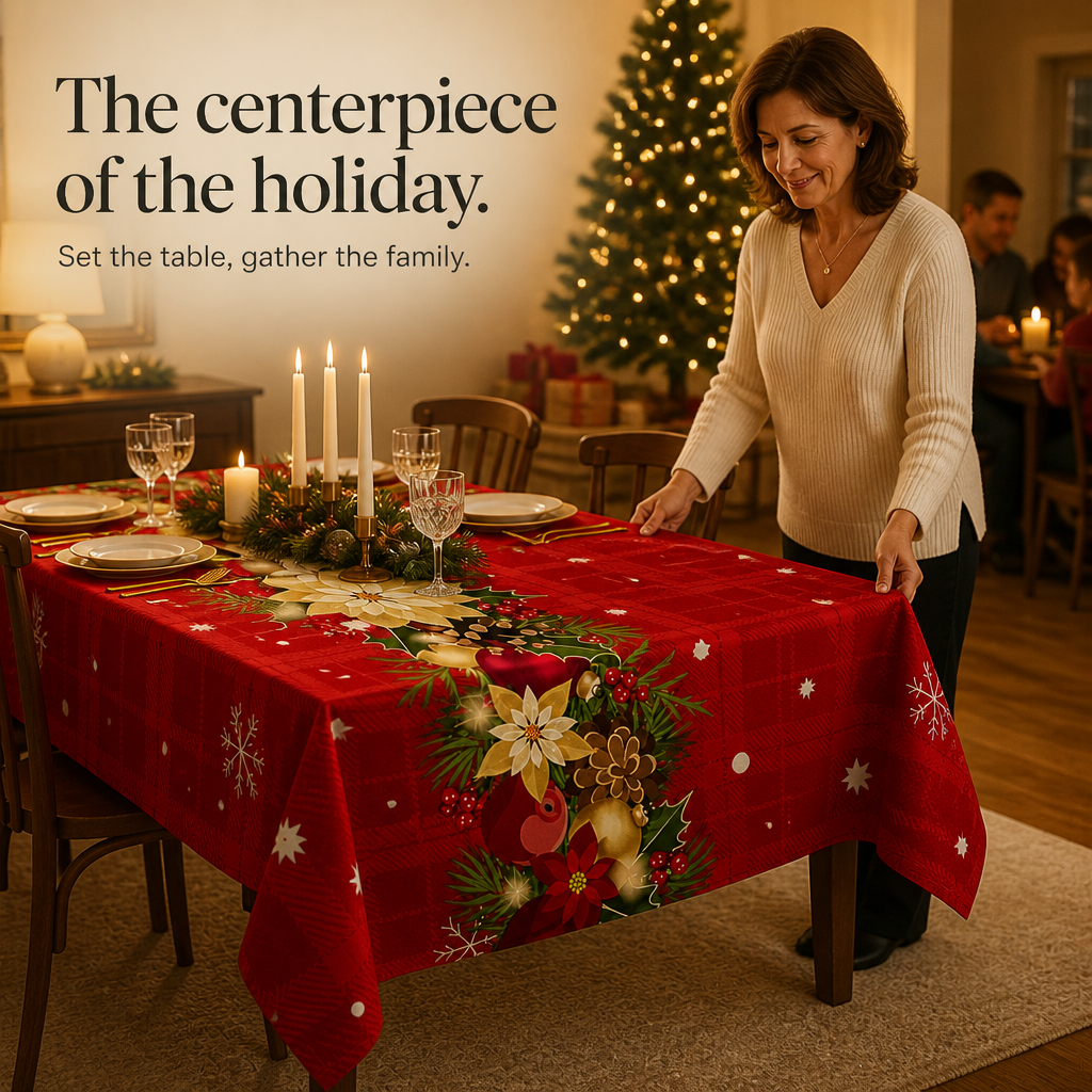 Red Holiday Print Tablecloth, view 11