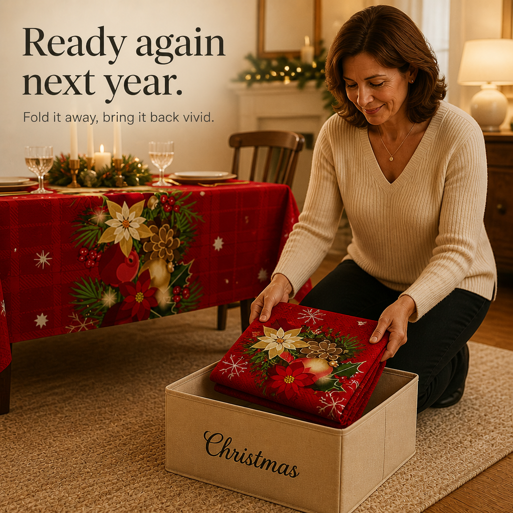 Red Holiday Print Tablecloth, view 12