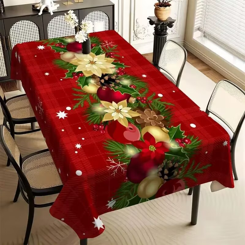 Red Holiday Print Tablecloth, Red Plaid Floral