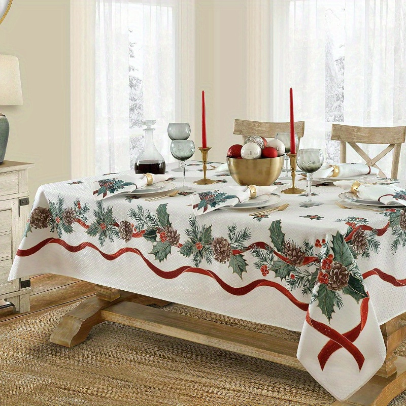 Red Holiday Print Tablecloth, Pinecone Garland