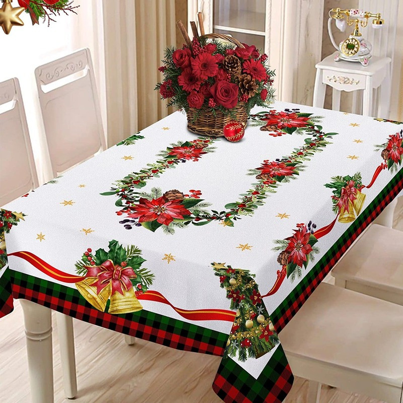 Red Holiday Print Tablecloth, Poinsettia Wreath