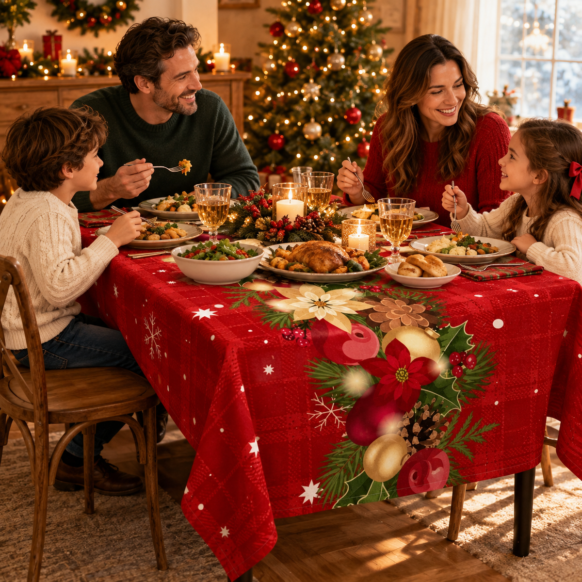 Red Holiday Print Tablecloth, view 5