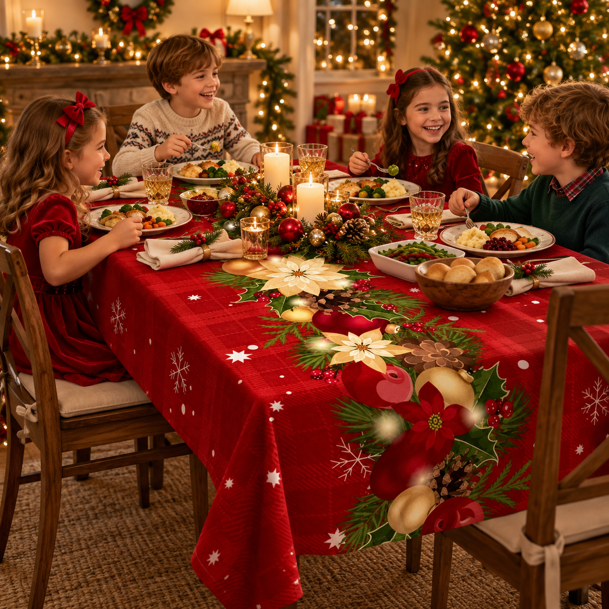 Red Holiday Print Tablecloth, view 6