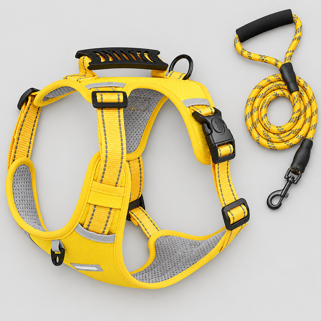 Reflective Dog Harness, product photo on a light grey background