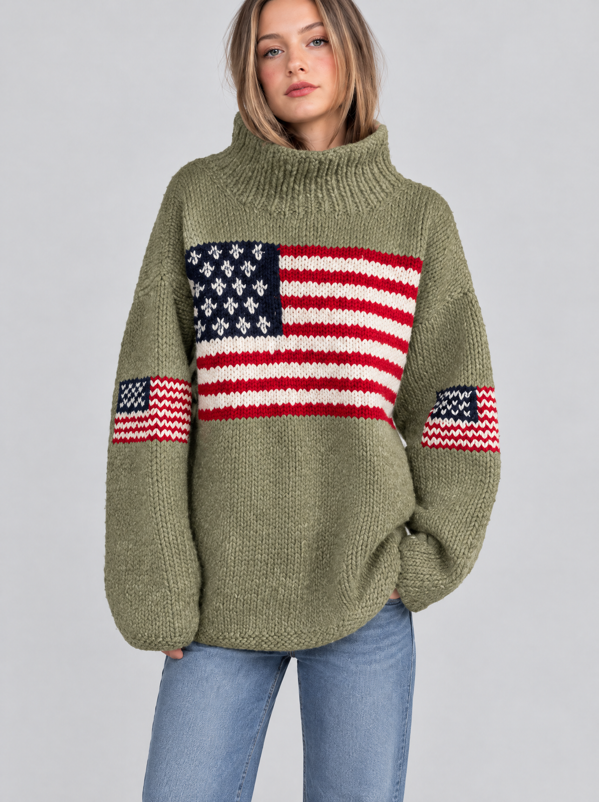 Retro US flag turtleneck sweater in army green on a model