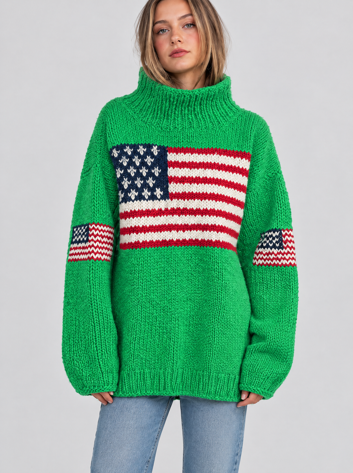 Retro US flag turtleneck sweater in green on a model