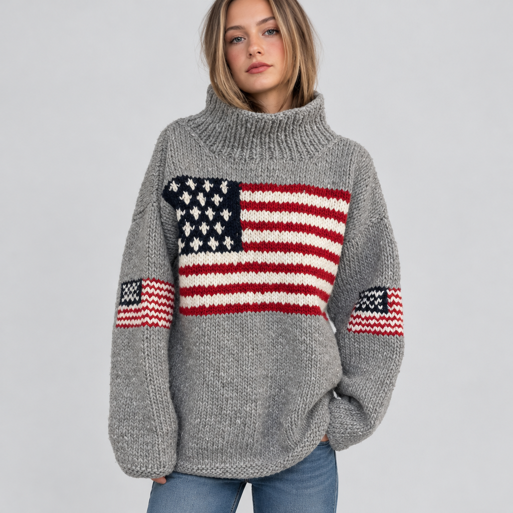 Flag Turtleneck Sweater, product photo on a light grey background