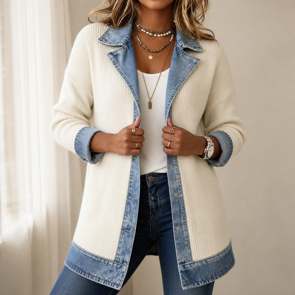 Ribbed Knit Denim Trim Coat, extra view 1
