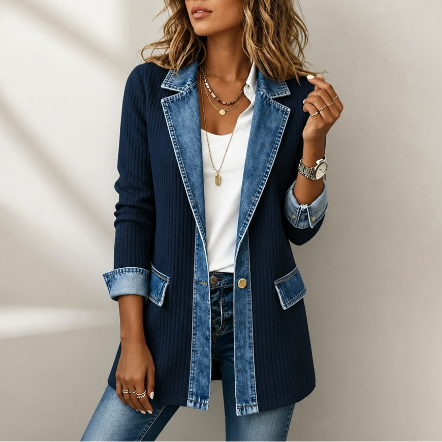 Ribbed Knit Denim Trim Coat in navy