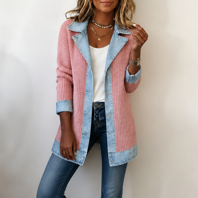 Ribbed Knit Denim Trim Coat in pink