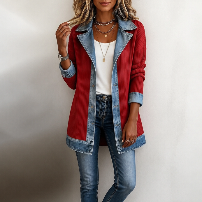 Ribbed Knit Denim Trim Coat in red
