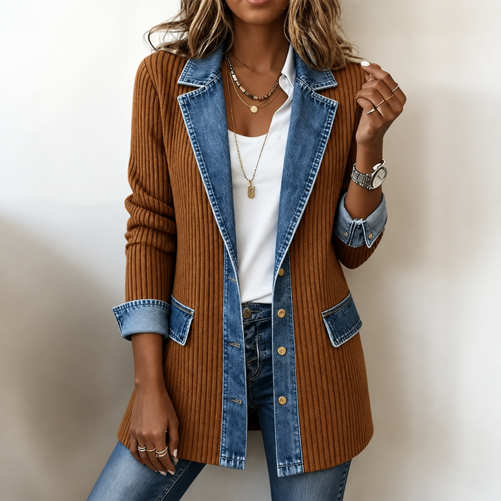Ribbed Knit Denim Trim Coat in rust