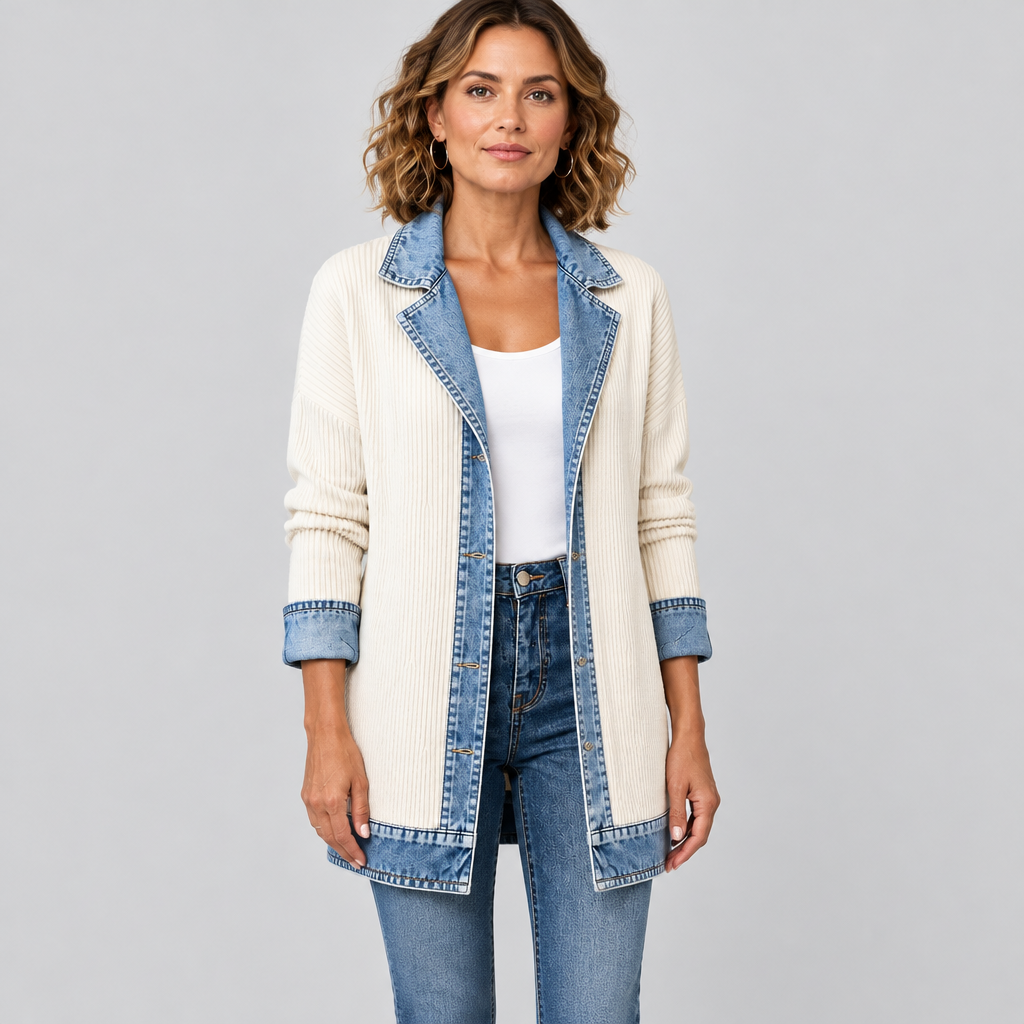 Ribbed Knit Denim Trim Coat, product photo on a light grey background