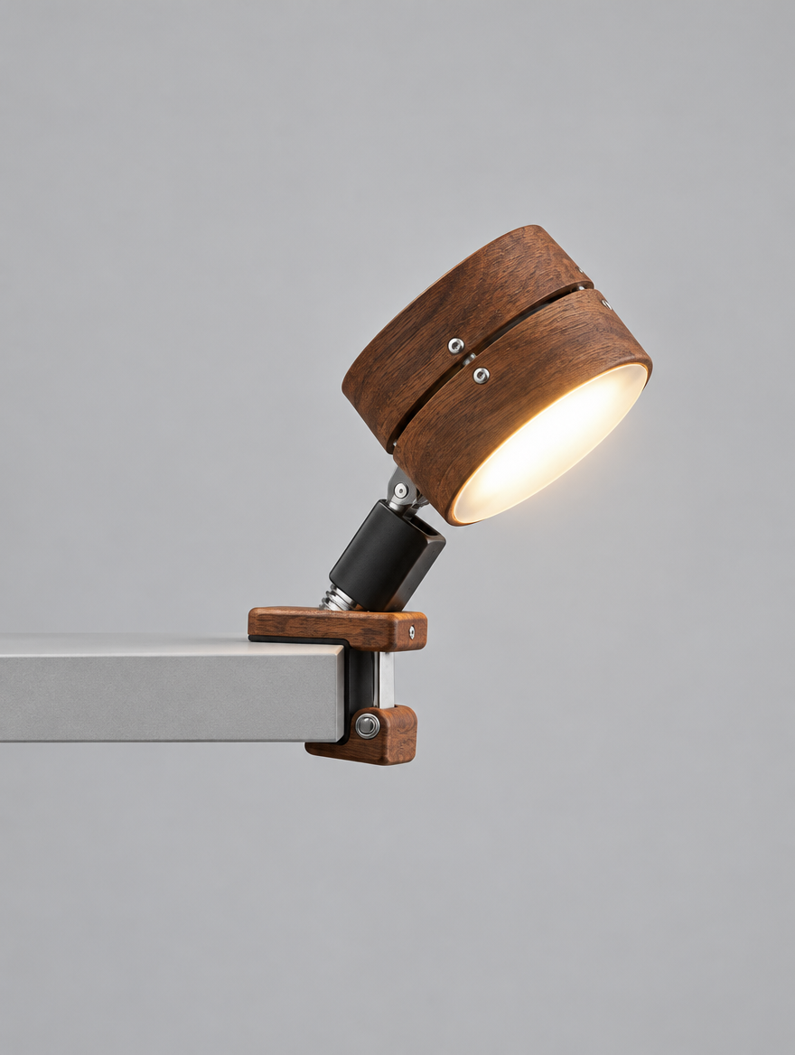 Round Wood Clip Lamp, product photo on a light grey background