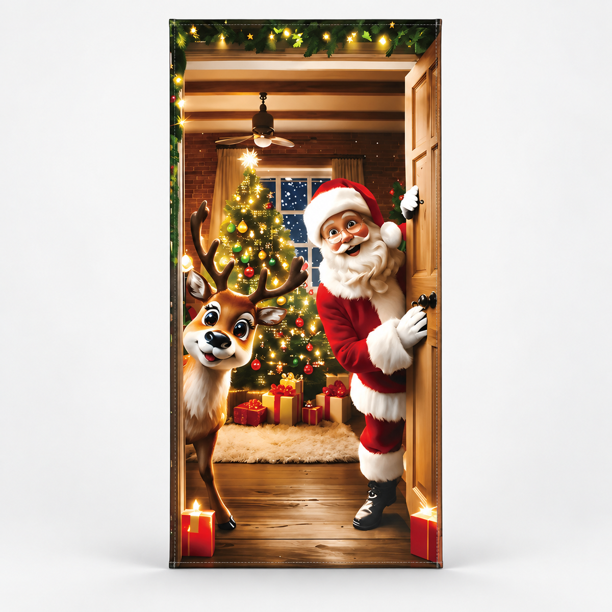 Santa Scene Christmas Door Cover, Santa and Reindeer
