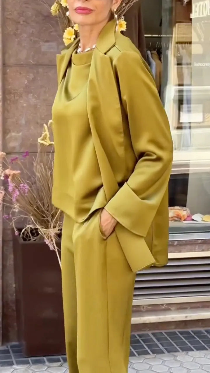 Satin Blazer Top and Wide Leg Pants Set, view 1
