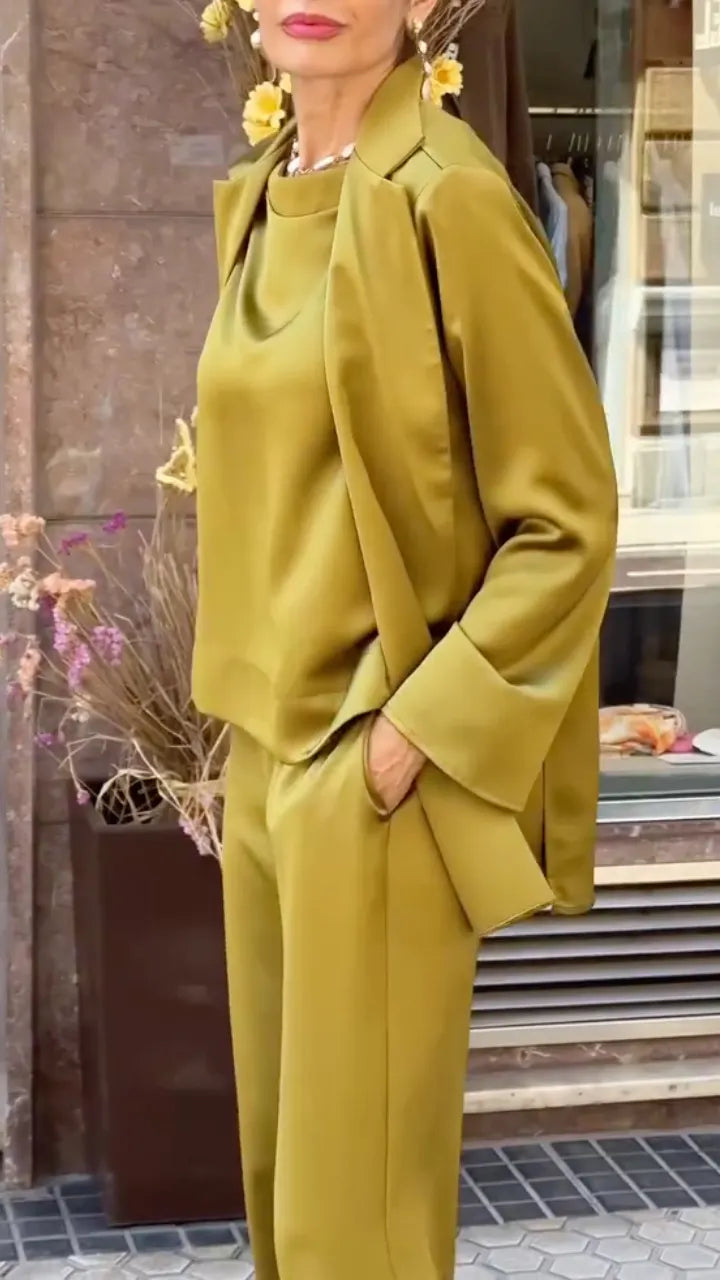 Satin Blazer Top and Wide Leg Pants Set, view 4