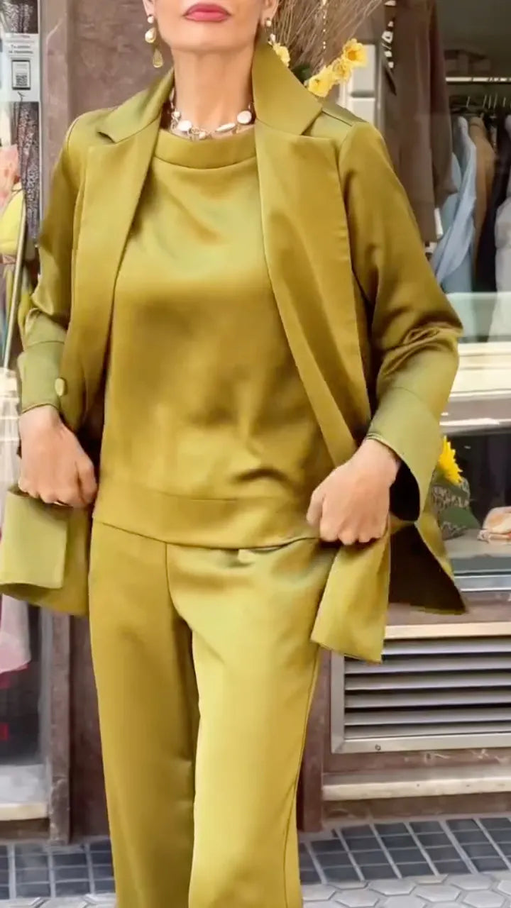 Satin Blazer Top and Wide Leg Pants Set, view 5