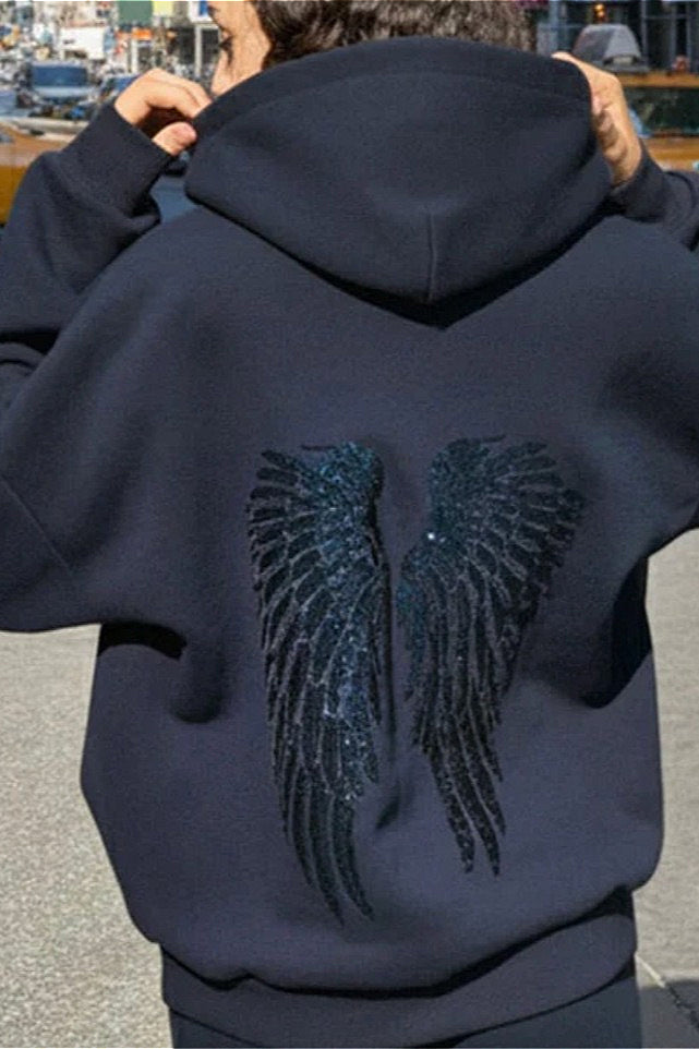 Sequin Wing Hoodie in navy blue