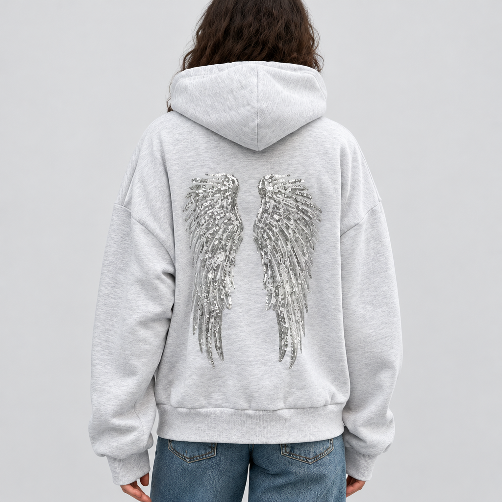 Sequin Wing Hoodie, product photo on a light grey background