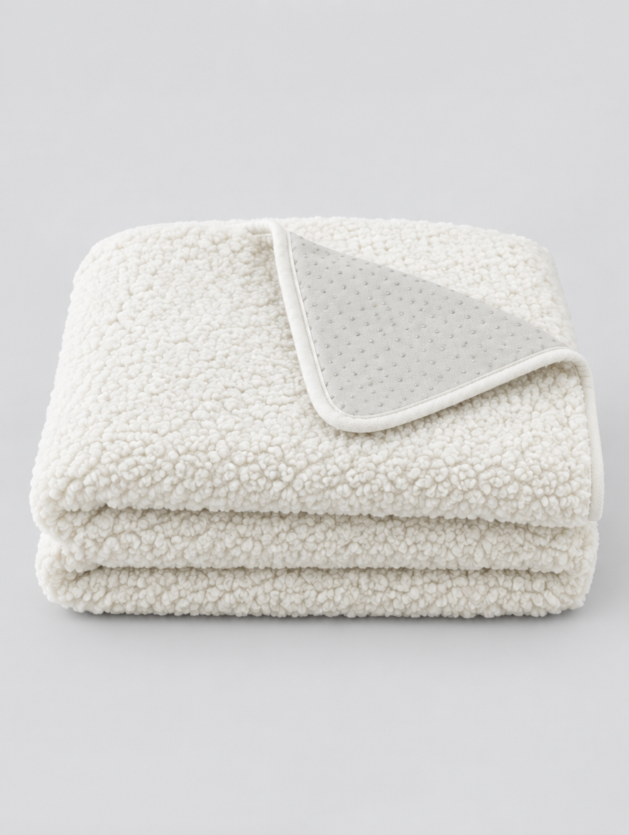 Sherpa Couch Cover in white, folded on a light grey background