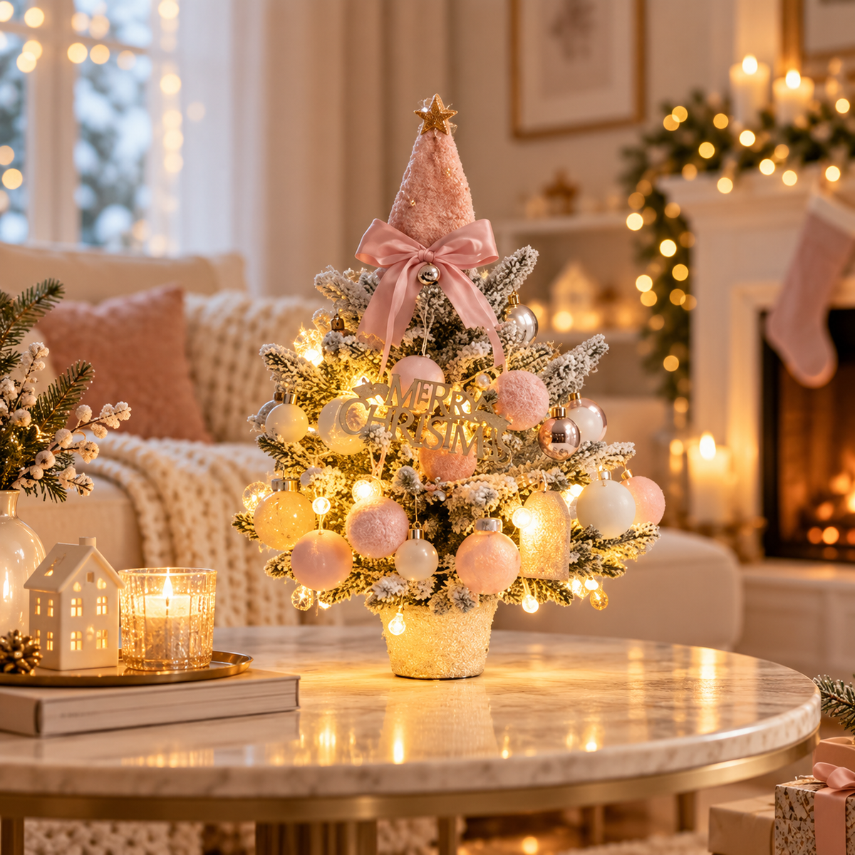 Snow-Flocked Tabletop Christmas Tree, Blush Pink - 45 cm