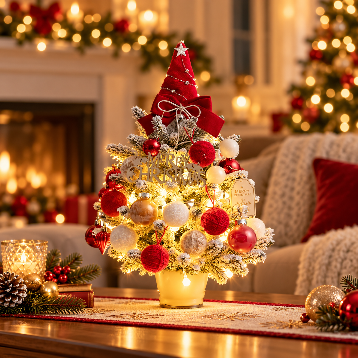 Snow-Flocked Tabletop Christmas Tree, Red Classic - 45 cm