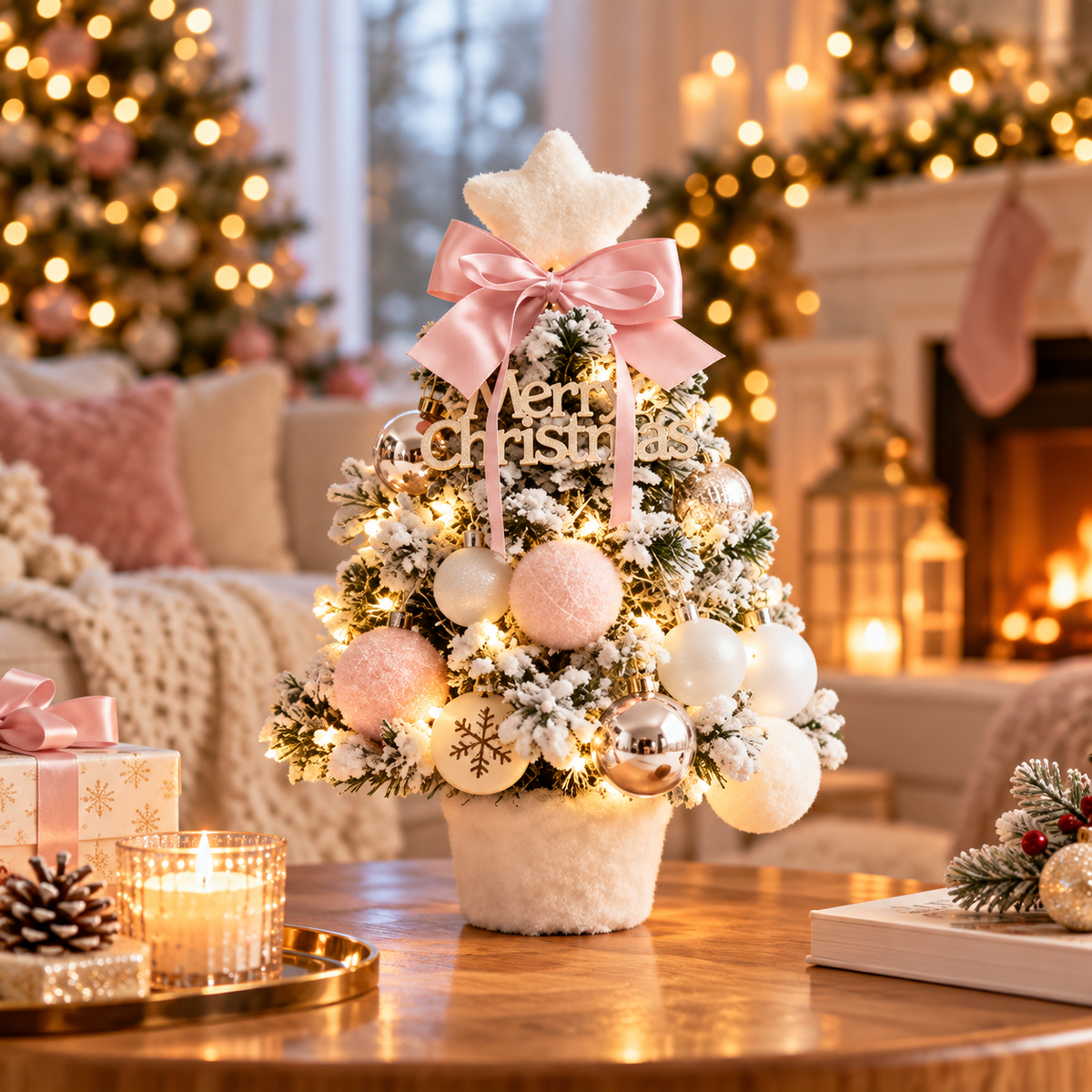 Snow-Flocked Tabletop Christmas Tree, Pink Pastel - 35 cm