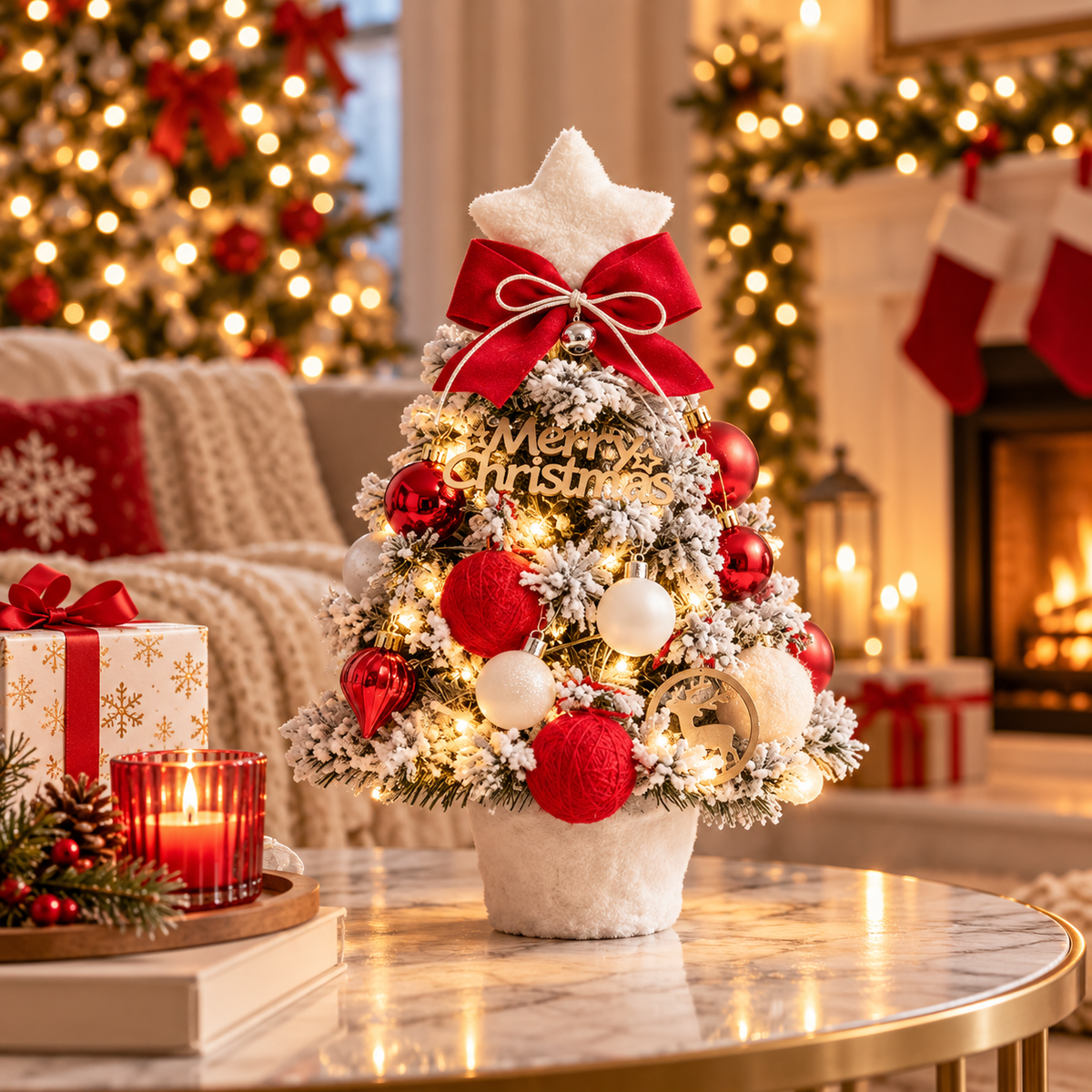 Snow-Flocked Tabletop Christmas Tree, Red White - 35 cm