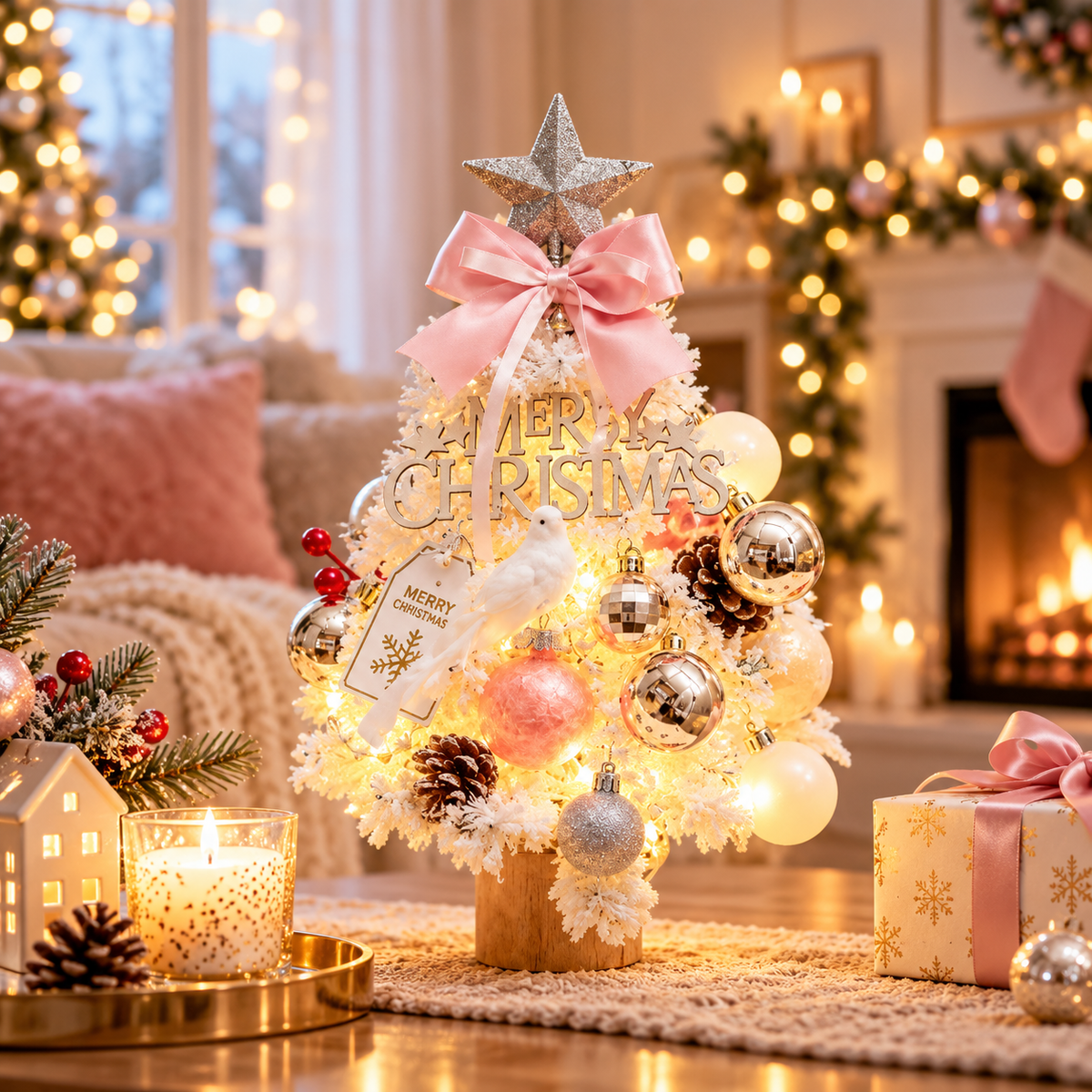 Snow-Flocked Tabletop Christmas Tree, Pink Silver - 45 cm
