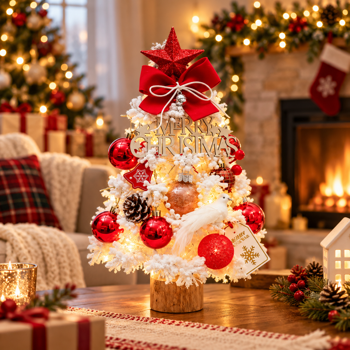 Snow-Flocked Tabletop Christmas Tree, Red Peacock - 45 cm