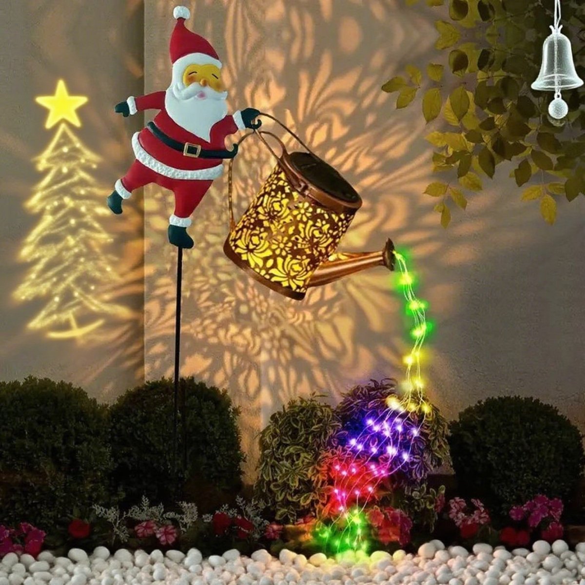 Solar Santa Watering Can Lantern, Colored Lights