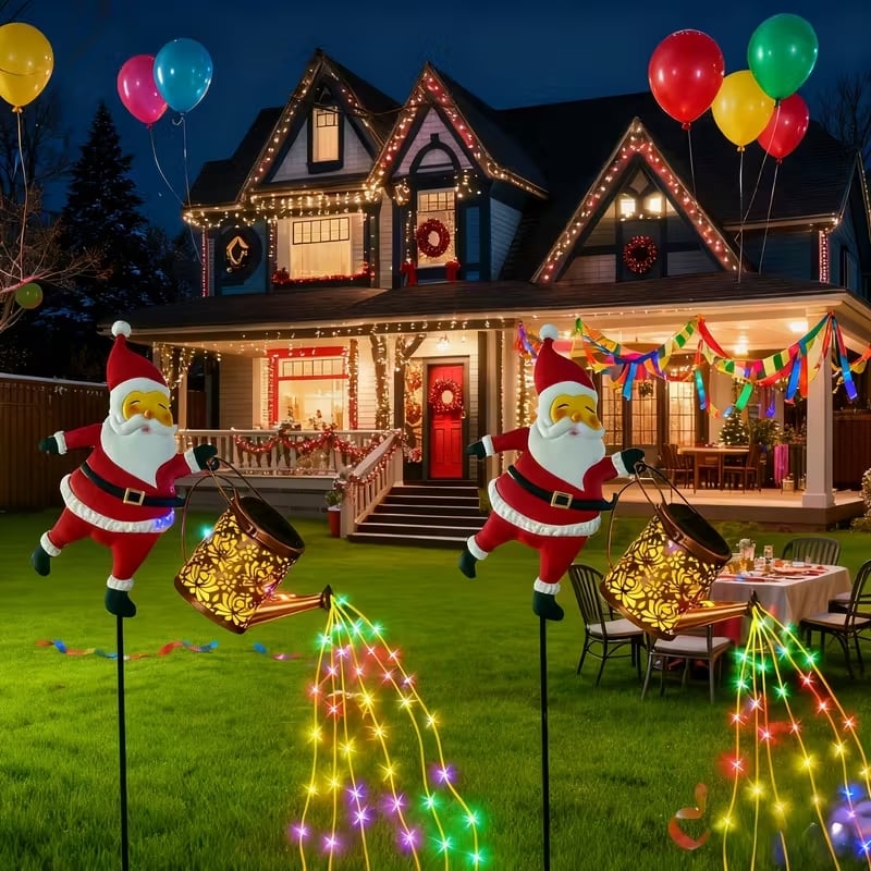 Solar Santa Watering Can Lantern, Colored Lights, 2 Pieces