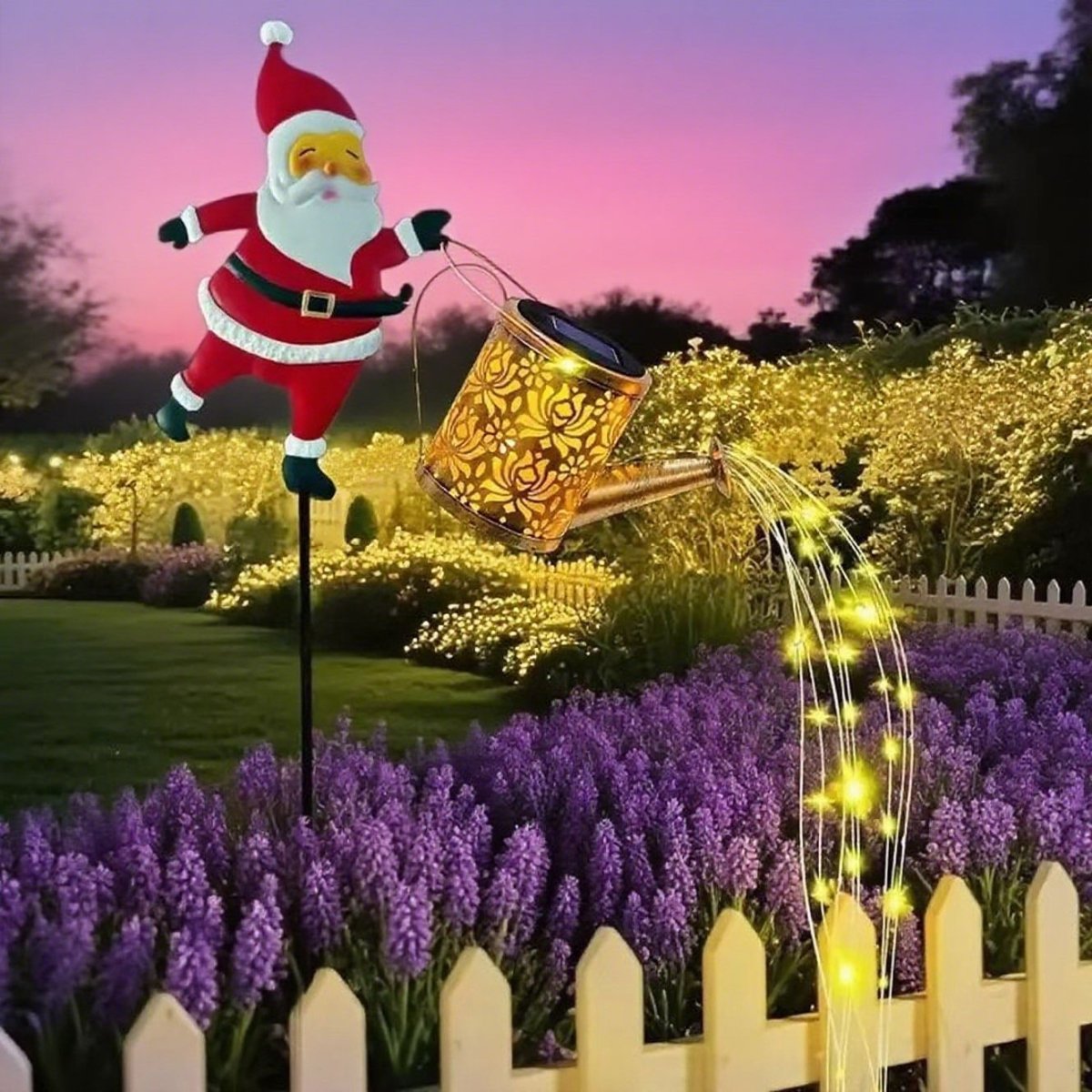 Solar Santa Watering Can Lantern, Warm White Light