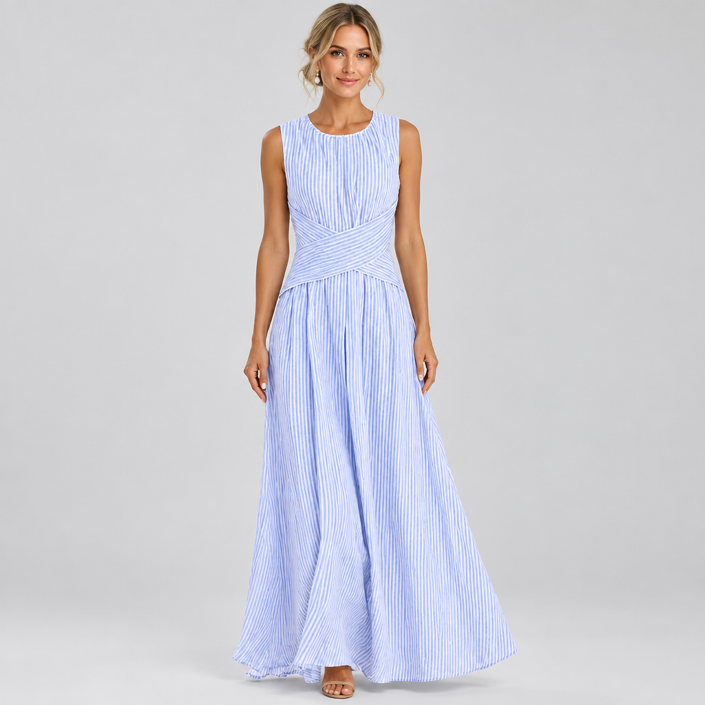 Striped Wrap Maxi Dress, product photo on a light grey background