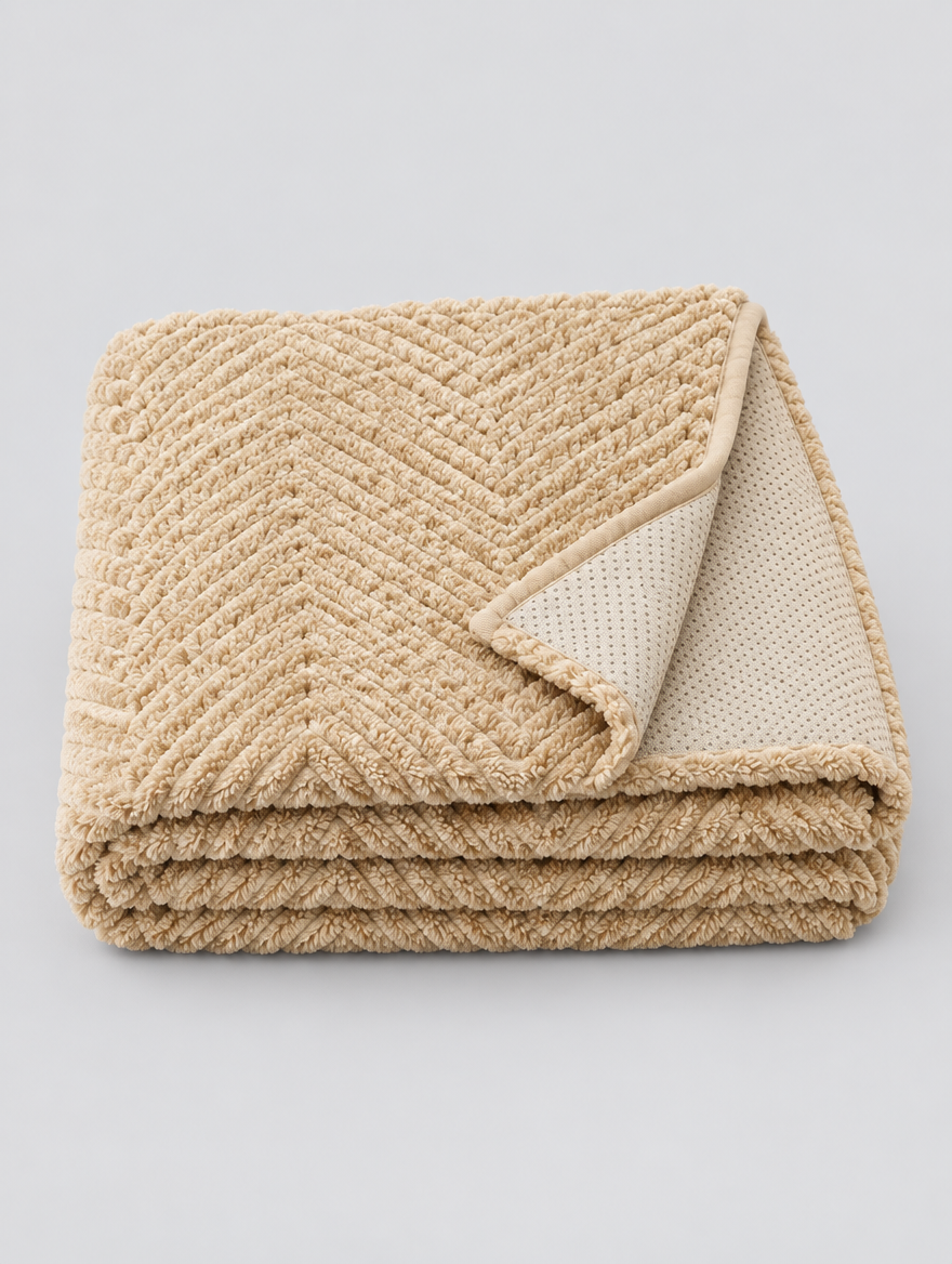 Plush Couch Cover in beige, folded on a light grey background