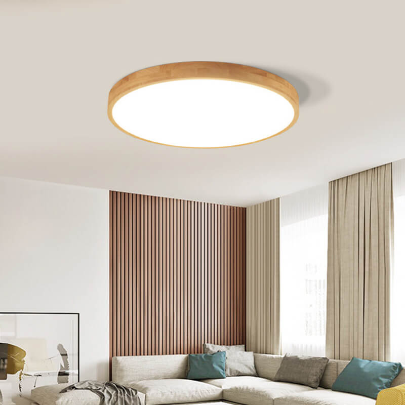 Thin wood flush mount light in a modern living room