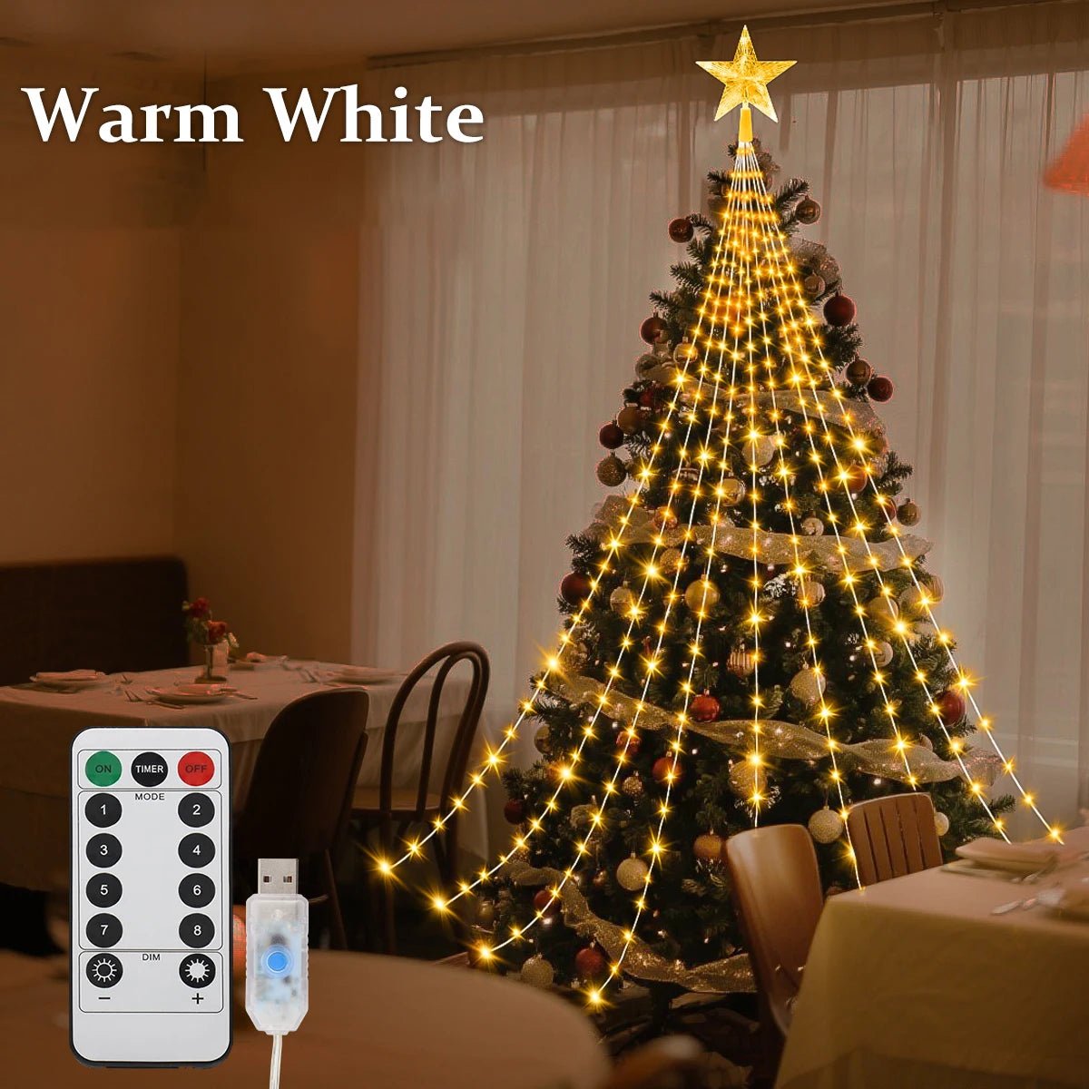 Waterfall Christmas Tree Lights with Star, Warm White