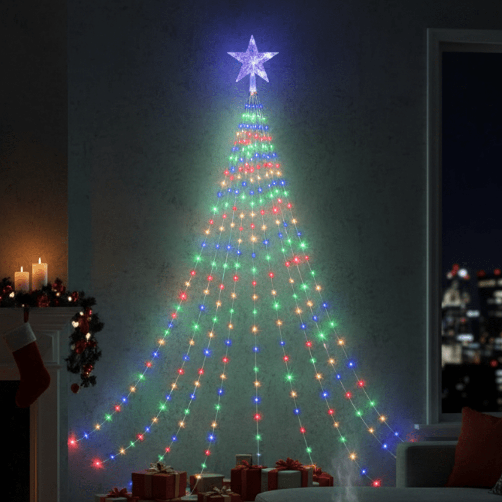 Waterfall Christmas Tree Lights with Star, Multicolor, 6.6 ft