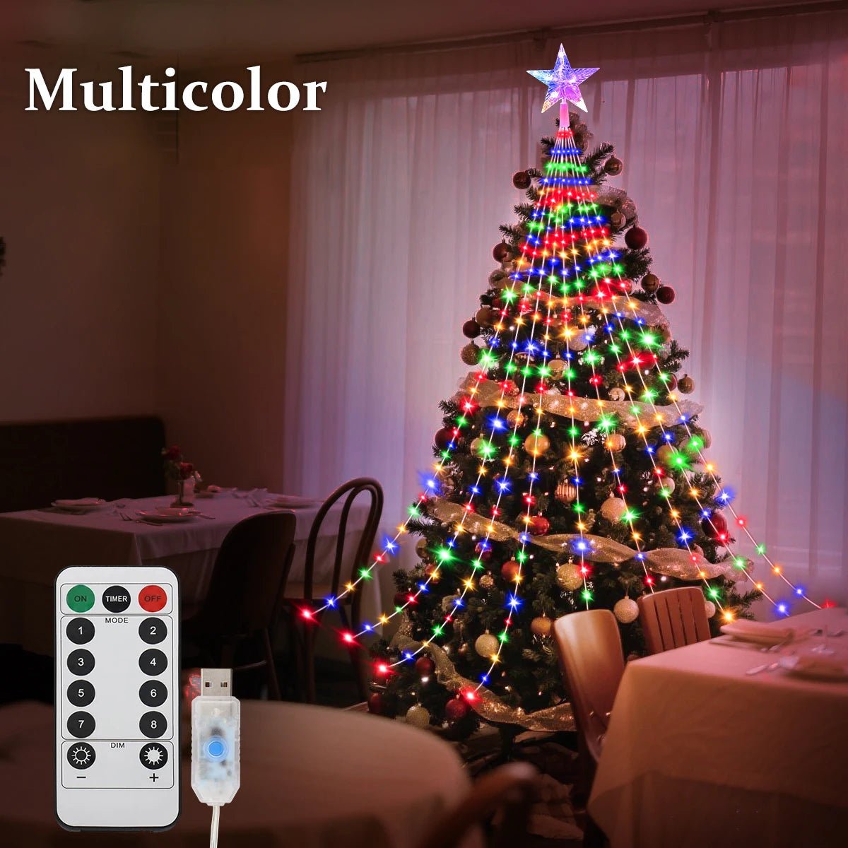 Waterfall Christmas Tree Lights with Star, Multicolor, 9.8 ft
