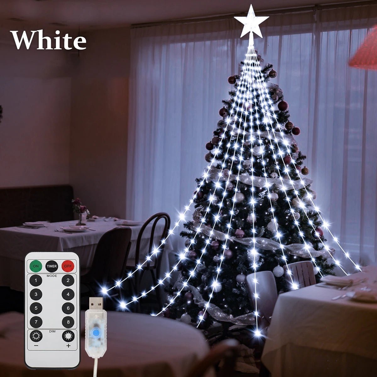 Waterfall Christmas Tree Lights with Star, White