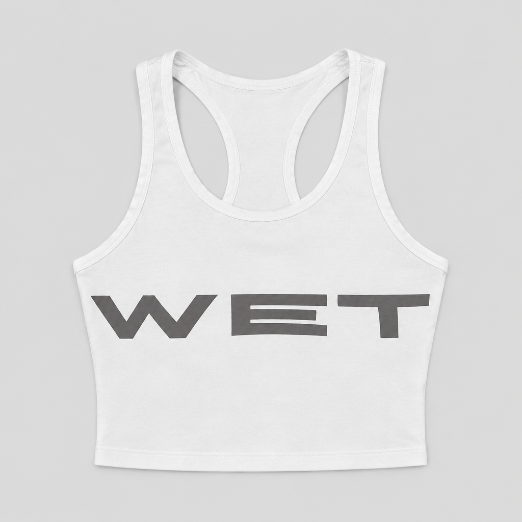 WET Graphic Crop Tank, product photo on a light grey background